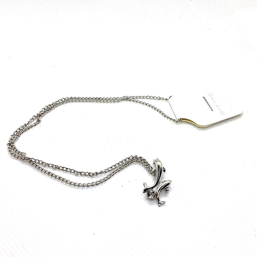 Double Dolphin Silvertone Necklace with Crystal
